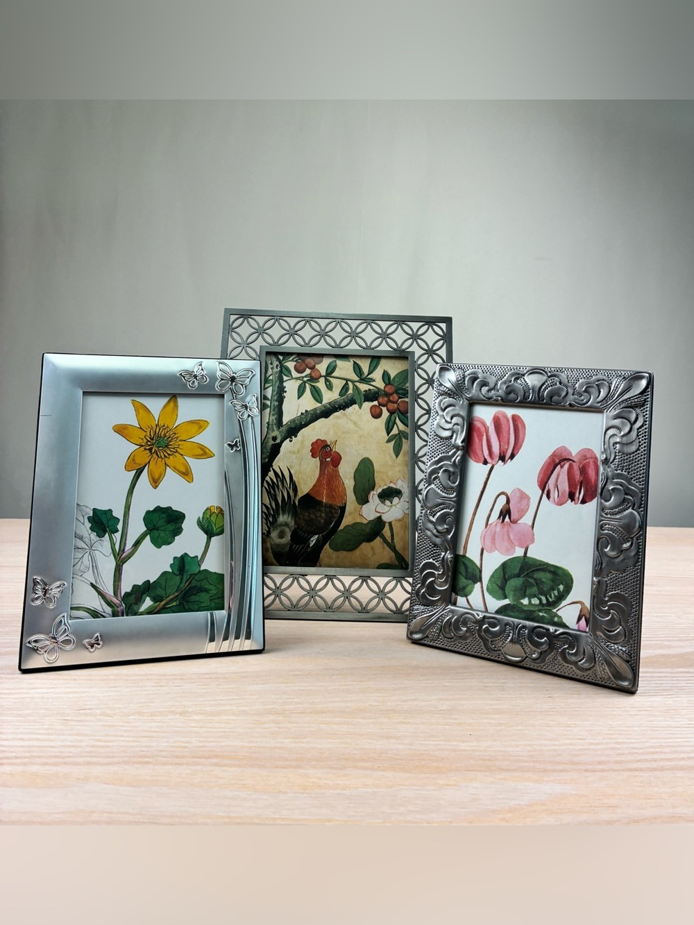 Vintage Silver Tone Picture Frames Set of 3 Botanical Rooster Cottagecore Decor